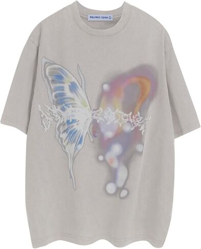 Aelfric Eden Mens Vintage Graphic Tees Y2K Irregular Butterfly Printed Tee Oversized Streetwear Casual T-Shirt in Kuwait
