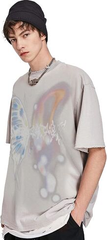 Aelfric Eden Mens Vintage Graphic Tees Y2K Irregular Butterfly Printed Tee Oversized Streetwear Casual T-Shirt in Kuwait