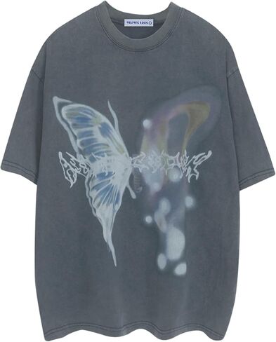 Aelfric Eden Mens Vintage Graphic Tees Y2K Irregular Butterfly Printed Tee Oversized Streetwear Casual T-Shirt in Kuwait