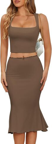 CHYRII Womens Two Piece Sets Short Sleeve Crewneck Cropped Top Bodycon Fold Over Maxi Skirt Maxi Dress Outfits in Kuwait