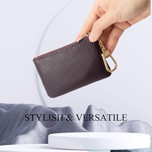 Full Grain Leather Coin Purse with Key Chain - Small Change Purse Keychain Card Holder Keychain Pouch Small Keychain Wallet for Women and Men (Brown) in Kuwait