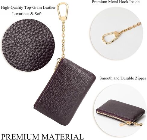Full Grain Leather Coin Purse with Key Chain - Small Change Purse Keychain Card Holder Keychain Pouch Small Keychain Wallet for Women and Men (Brown) in Kuwait