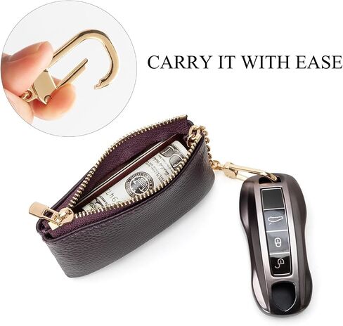 Full Grain Leather Coin Purse with Key Chain - Small Change Purse Keychain Card Holder Keychain Pouch Small Keychain Wallet for Women and Men (Brown) in Kuwait