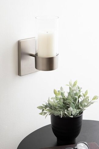 Kate and Laurel Zabler Modern Metal Wall Sconce, 5 x 6 x 10, Antique Nickel, Round Candle Holder with Removable Glass Cylinder for Flameless Candle Display in Bedroom or Bathroom in Saudi Arabia