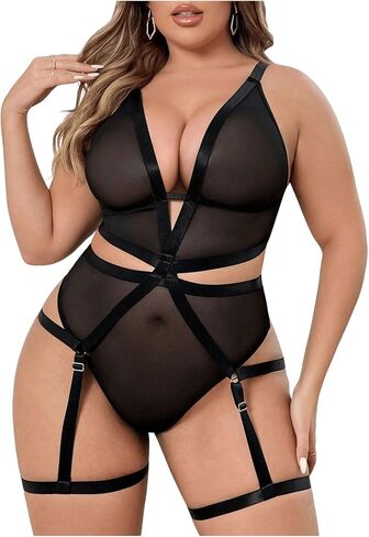 SOLY HUX Plus Size Teddy Lingerie for Women Sheer Mesh See Through Deep V Babydoll Bodysuits in Saudi Arabia