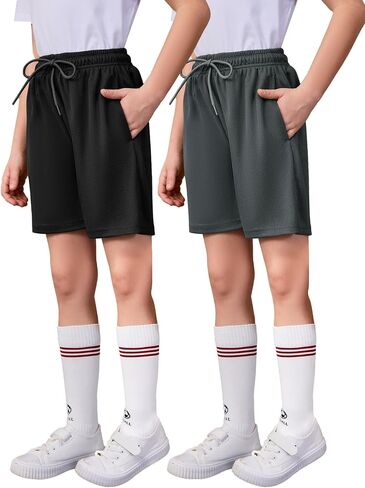 Flygo 2 Pack Boys Athletic Shorts Mesh Kids مرنة الخصر القابل للتنفس كرة السلة الصالة الرياضية مع جيوب in Saudi Arabia