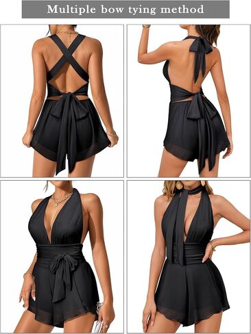 Nlife Womens Deep V Neck Halter Jumpsuit Tie Backless 2 in 1 Flowy Chiffon Shorts Romper Sexy Plunge Concert Mini Outfit in Kuwait