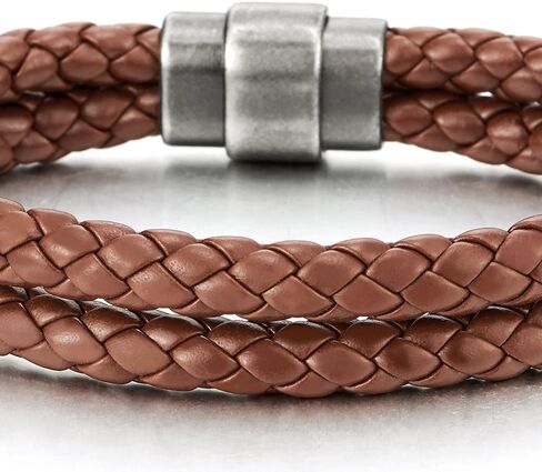 COOLSTEELANDBEYOND Braided Leather Bangle Bracelet for Men Women Genuine Leather Wristband with Magnetic Clasp in Kuwait