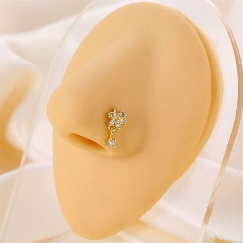 2Pcs 20G CZ Flower Dangle Nose Rings for Women Stainless Steel L-Shaped Nose Studs Rings Dangling Nostril Nose Piercing Jewelry in Saudi Arabia