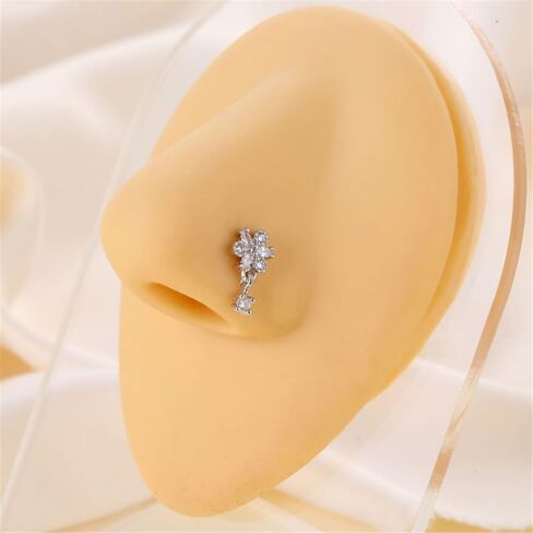 2Pcs 20G CZ Flower Dangle Nose Rings for Women Stainless Steel L-Shaped Nose Studs Rings Dangling Nostril Nose Piercing Jewelry in Saudi Arabia