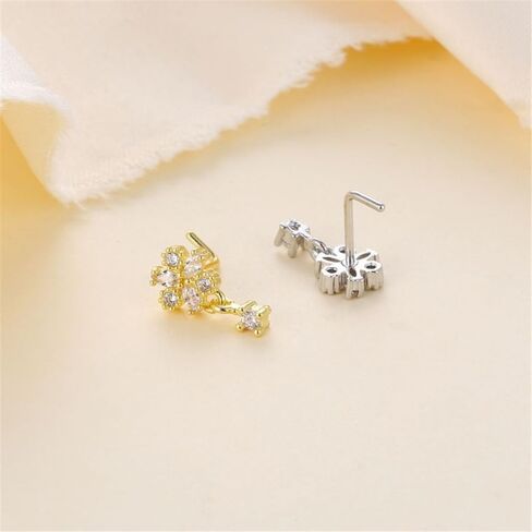 2Pcs 20G CZ Flower Dangle Nose Rings for Women Stainless Steel L-Shaped Nose Studs Rings Dangling Nostril Nose Piercing Jewelry in Saudi Arabia