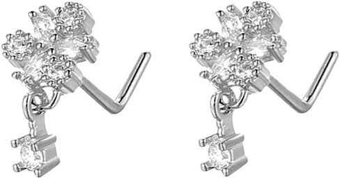 2Pcs 20G CZ Flower Dangle Nose Rings for Women Stainless Steel L-Shaped Nose Studs Rings Dangling Nostril Nose Piercing Jewelry in Saudi Arabia