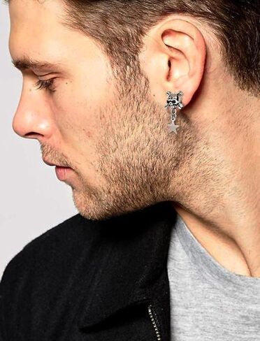 Skull Earrings for Men, Stainless Steel Vintage Gothic Stud Earrings Cross Star Lightning Punk Rock Jewelry Gifts for Men in Saudi Arabia