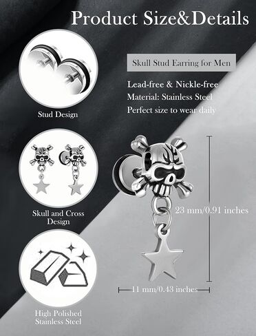 Skull Earrings for Men, Stainless Steel Vintage Gothic Stud Earrings Cross Star Lightning Punk Rock Jewelry Gifts for Men in Saudi Arabia