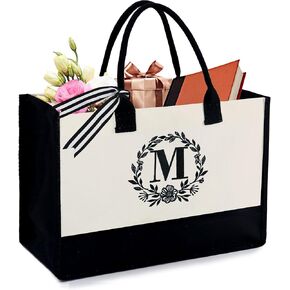 BeeGreen Gift Basket Monogram Initial Canvas Tote Bag with Pocket Embroidery Personalized Tote for Mom Teacher Friend