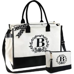 BeeGreen Mother's Day Gifts Personalized Women's Large White and Black Canvas Tote Bag, Embroidered Initials, Leather Handle, Zipper Closure