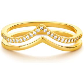 Gold V Ring for Women Chevron Cubic Zirconia 14K Gold Plated Minimalist Stack Enhancer Guard Band Finger Jewelry Size 6-8