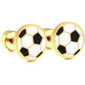 20g Soccer Gold Plated Flat Screw Back Small Stud Earrings for Men Women Minimalist Cute Surgical Steel Black White Enamel Sports Fan Lover Cartilage Piercing Sleeper Tiny Studs Hypoallergenic Gift for Bff Christmas
