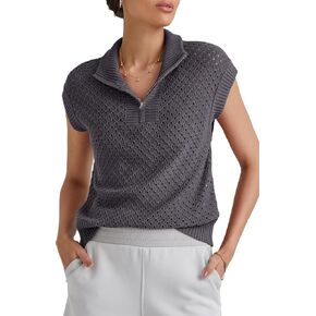 Arach&Cloz Womens Summer Cap Sleeve Sweater Vest 2025 Spring Casual Quarter Zip Hollow Out Crochet Polo V Neck Tops