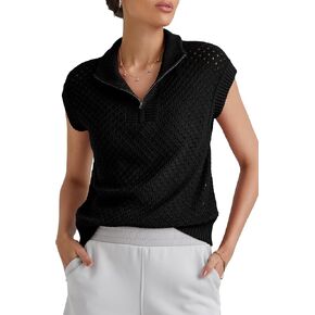 Arach&Cloz Womens Summer Cap Sleeve Sweater Vest 2025 Spring Casual Quarter Zip Hollow Out Crochet Polo V Neck Tops in Kuwait