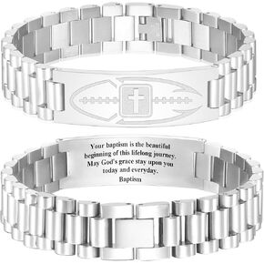 Graduation Gifts for Him Bracelets for Men Boys Football Cross Bracelet Masculine Stainless Steel Watch Band Engraved Bible Verse Baptism Christian Jewelry Graduation Gifts