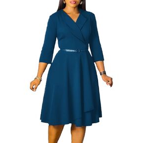 Elainone Women 3/4 Sleeve Casual Swing Flared A Line Dress Wedding Guest Semi Formal Office Work Dresses with Belt