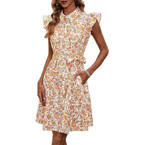 Fensace Women's Summer Floral Choled Sleeve Button Dress A Bress A Line Litted Midi Dresses with Mobicts