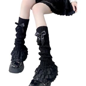 Japanese Women Twist Cable Knit Bowknot Leg Warmer Socks Princess Tiered Ruffled Lace Leg Cover Stockings