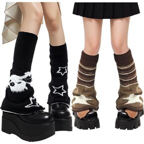 2 Pairs Star Y2k Leg Warmers for Girls Kawaii Harajuku Knitted Flared Leg Warmers Double-sided Skull Brown Goth Accessories Crochet Lolita Emo Gift for Women Daily Wear Party