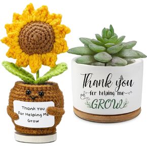 2 Pcs Teacher Appreciation Gifts Thank You Gifts for Teacher Sunflower Doll Crochet with Card Ceramic Succulent Plant Pot Thank You for Helping Me Grow Graduation Birthday Retirement Gifts