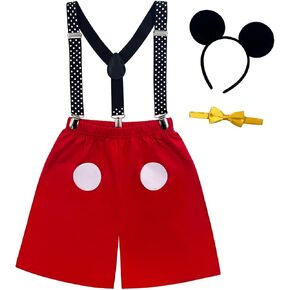 Toddler Boys Girls Cake Smash Costume kids Birthday Party Outfit Red Short Pants + Y-Back Suspenders + Bow tie + Mouse Ears Headband, 2-3T