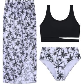 Girls Swimsuits 3 Piece Tankini Bathing Suit Set Sport Style Bikini Swimwear with Long Skirt for 9-16 Years