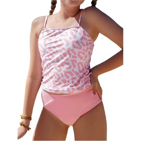 SweatyRocks Girl's Leopard Print Tankini Swimsuit Spaghetti Strap 2 Piece Bathing Suit Swimwear
