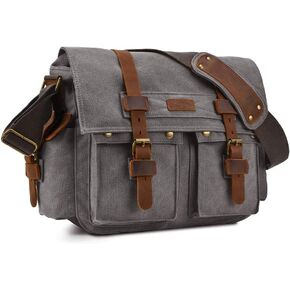 Kattee Military Messenger Bag Canvas Leather Shoulder Bag Fits 14.7/15.6 Inch Laptop