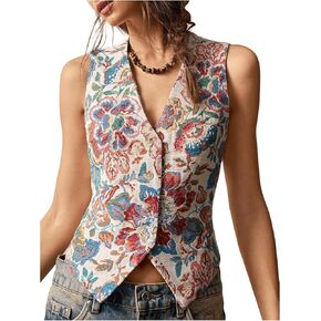 GORGLITTER Women's Floral Jacquard Boho Vest Western V Neck Sleeveless Button Up Tops