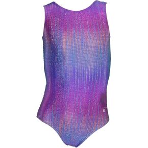Destira Rainbow Blaze Gymnastics Leotard for Girls, Split-Back With Colorful Shimmering Foil Finish & Matching Scrunchie
