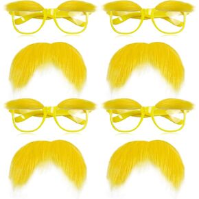 4 Pieces Yellow Mustache and Eyebrows With 4 Pieces Glasses Halloween Costume Accessories for Adult, Fake Beard Funny Party Favor Cosplay Costume Set Men Women