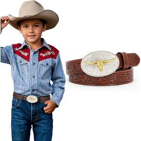 Suosdey Kids Western Belt for Boys Girls ، Toddler Youth Youth Cowboy Cowgirl حزام جلدي أصلي مع مشبك الثيران Longhorn