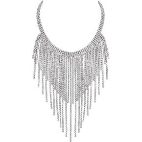 Flyonce Rhinestone Collar Necklace, Sparkly Crystal Long Tassel Fashion Statement Necklace Party Jewelry Accessories for Women