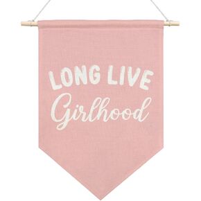 AGMDESIGN Long Live Girlhood Pink Canvas Hanging Pennant Flag Banner, Girl Room Wall Decor, Kids Bedroom Dorm Toddler Decor, Nursery Playroom Girl Power Flag Decor, Birthday Gifts for Daughter Niece