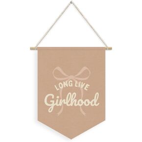 Long Live Girlhood Linen Pennant Banner,Girl Room Nursery Decor Coquette Pink Bow Wall Hanging Banner Flag，Toddler Girls Bedroom decor,Girls Room Wall Decor