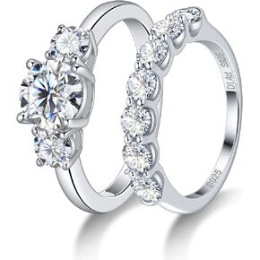 Ladylike 1.6 CT 3 Stone Moissanite Engagement Rings for Women and 1.4 Carat 7 Stone Half Eternity Wedding Band 925 Sterling Silver Anniversary Promise Jewelry For Her Size 5.5