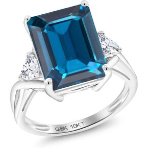 Gem Stone King 10K White Gold London Blue Topaz and White Moissanite 3 Stone Engagement Ring For Women (9.96 Cttw, Emerald Cut 14X10MM, Trillion 4MM, Available in Size 5,6,7,8,9)