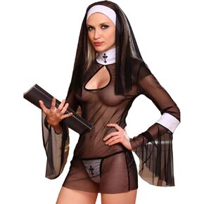 SNOMYRS Nun Costume Anime Role Play Cosplay Lingerie Mesh Naughty Sexy The Nun Outfit Mini Dress Halloween With Hat