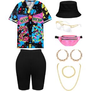 9 PCS 80S 90S COTUME للنساء ، والثمانينات الهيب هوب مجموعة الهيب هوب مع شورتات قميص البيسبول في الثمانينات المحددة