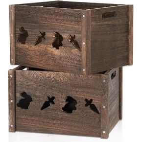 Wooden Crates 2 Pack, Hollow Claw Crates for Display, Farmhouse Handmade With Handles, Rustic Durable Storage, Large Decorative Box