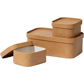 La Jolie Maison Fluted Cardboard Storage Baskets with Leather-Like Lids, Sturdy Stackable Paper Boxes Decorative Tray,Set of 3 Ivory