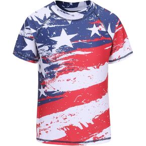 HowJoJo Big Boys Short Sleeve Rash Guard Shirts Kids American Flag Swim Shirt UPF 50+ Size 14/12-14
