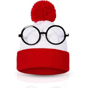 Wheres Waldo Hat and Glasses -Great for Harry Potter Glasses w/Wheres Waldo Costume Beanie -Waldo Glasses w/White & Red Beanie Hat -Pom Pom Beanie & Circle Glasses for Men - Wheres Waldo Accessories