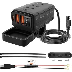 شاحن USB للدراجة النارية المقاومة للماء مع 3 منافذ ، 36 واط ، ملائمة Universal SAE إلى USB Fast Charging Adapter مع Off Off Switch